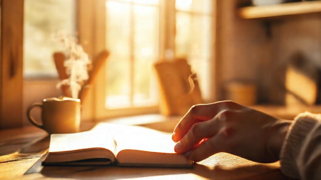 Warm, sun-drenched kitchen interior. Soft morning light streams through a window illuminating a stea...