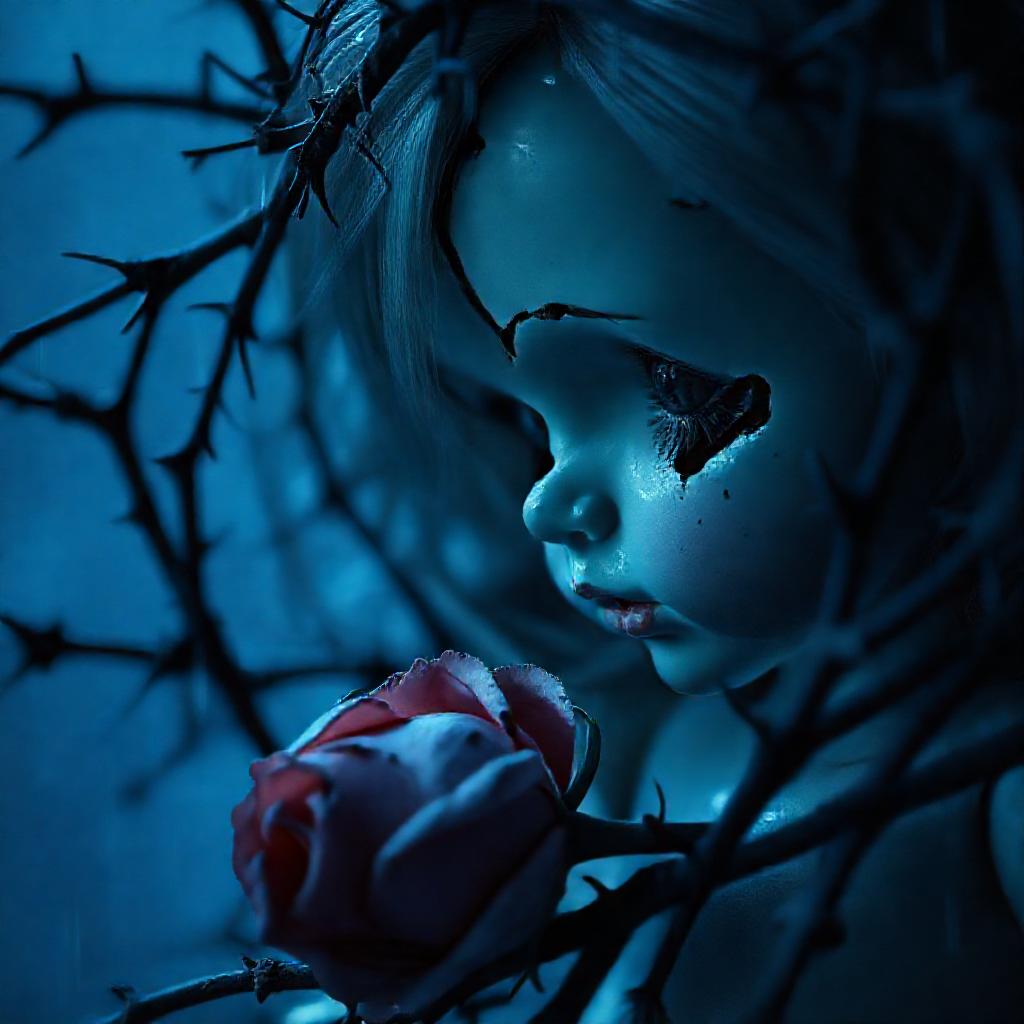 A fractured porcelain doll, partially obscured by thorny vines, bathed in cool, muted blue light. A ...