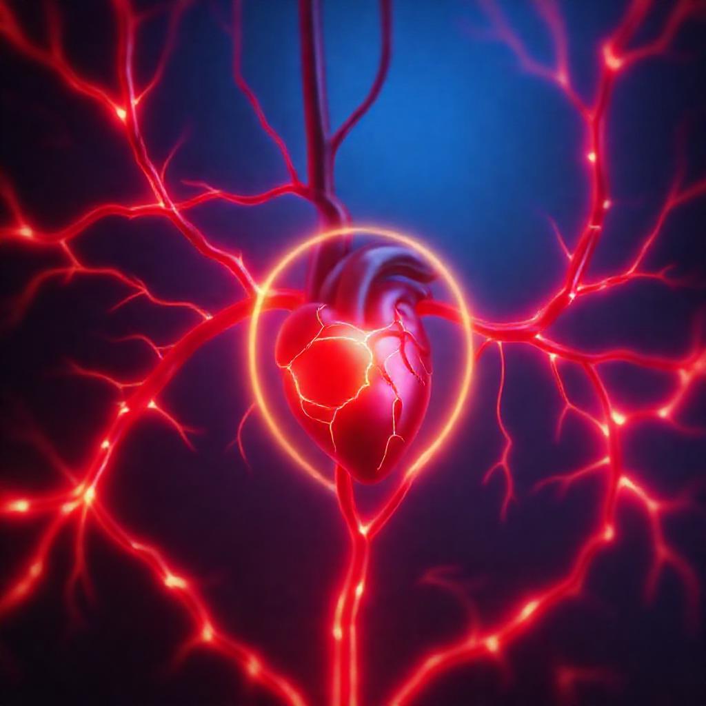 Abstract representation of a circulatory system – arteries visualized as fractured, glowing red line...