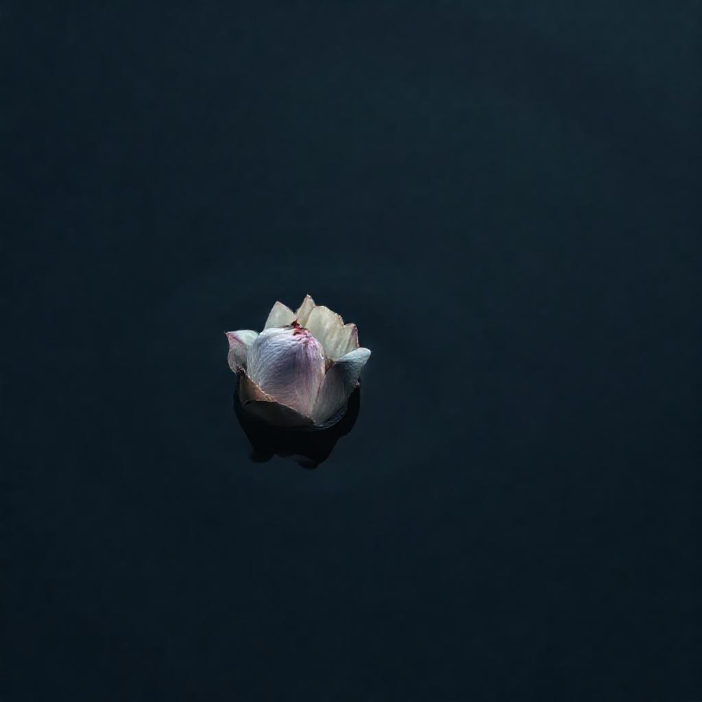 A single, withered lotus flower, partially submerged in still, dark water. Soft, diffused light crea...