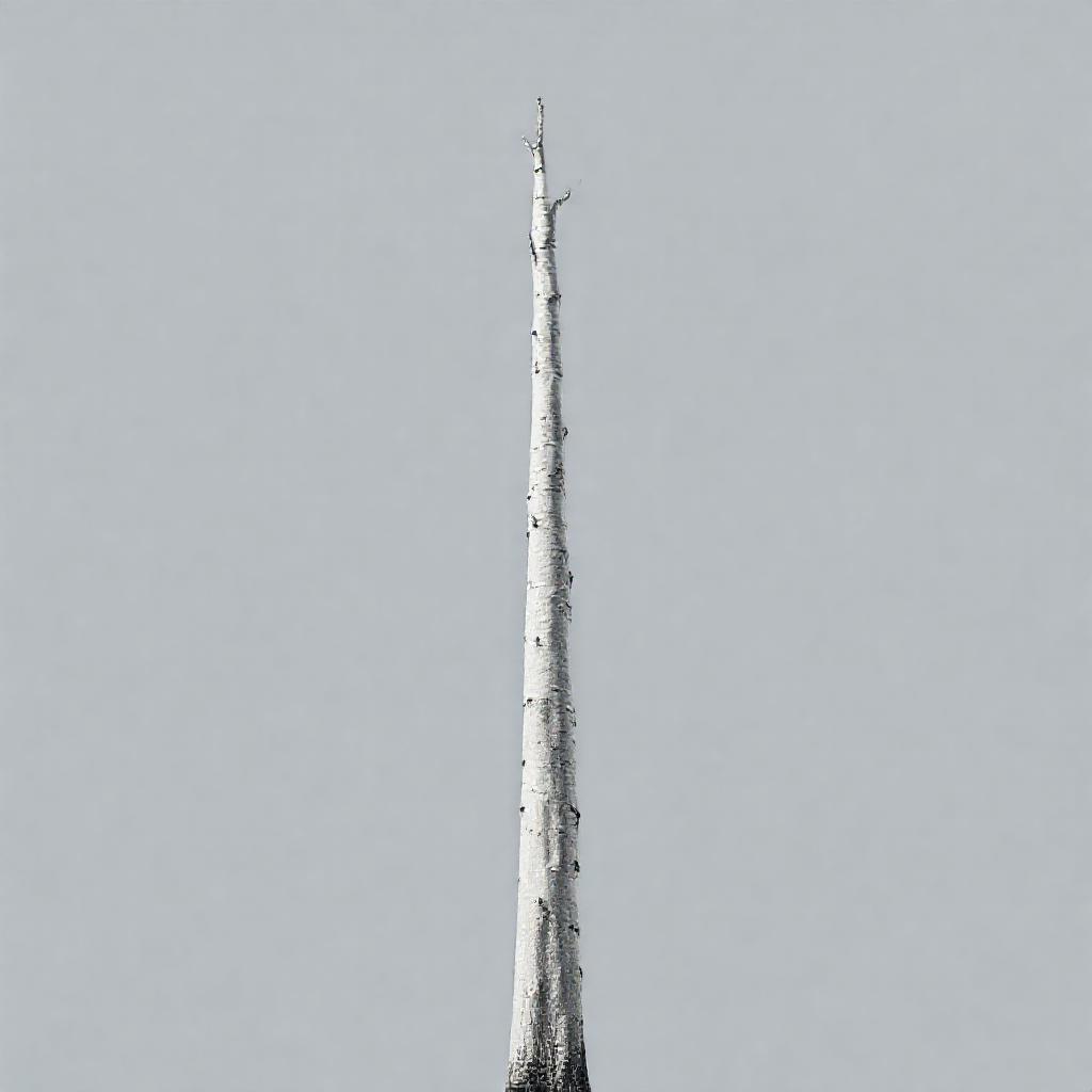 A single, towering tree trunk, stark and vertical, reaching towards a vast, empty sky. Minimalist co...