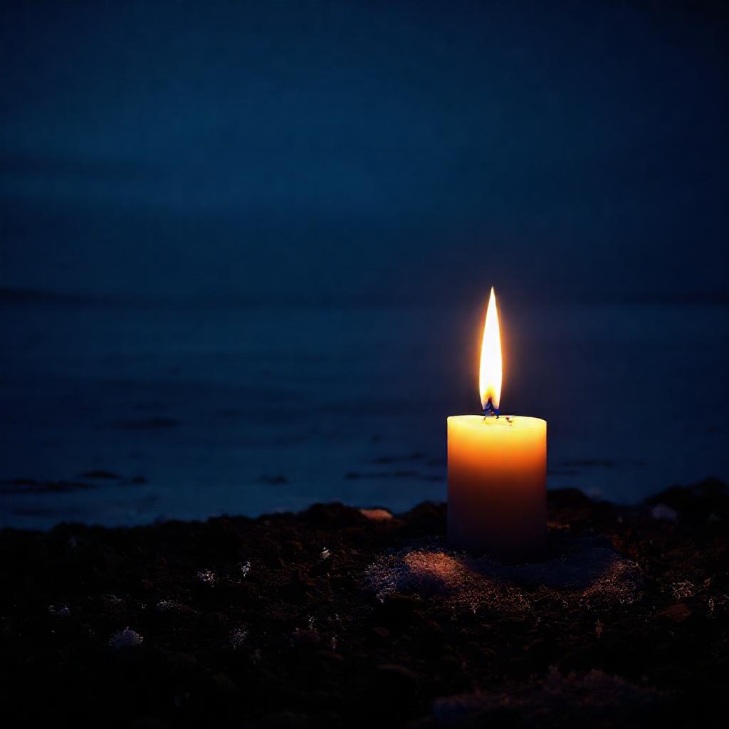 A single, flickering candle flame illuminating a vast, desolate winter landscape. Deep blues and pur...