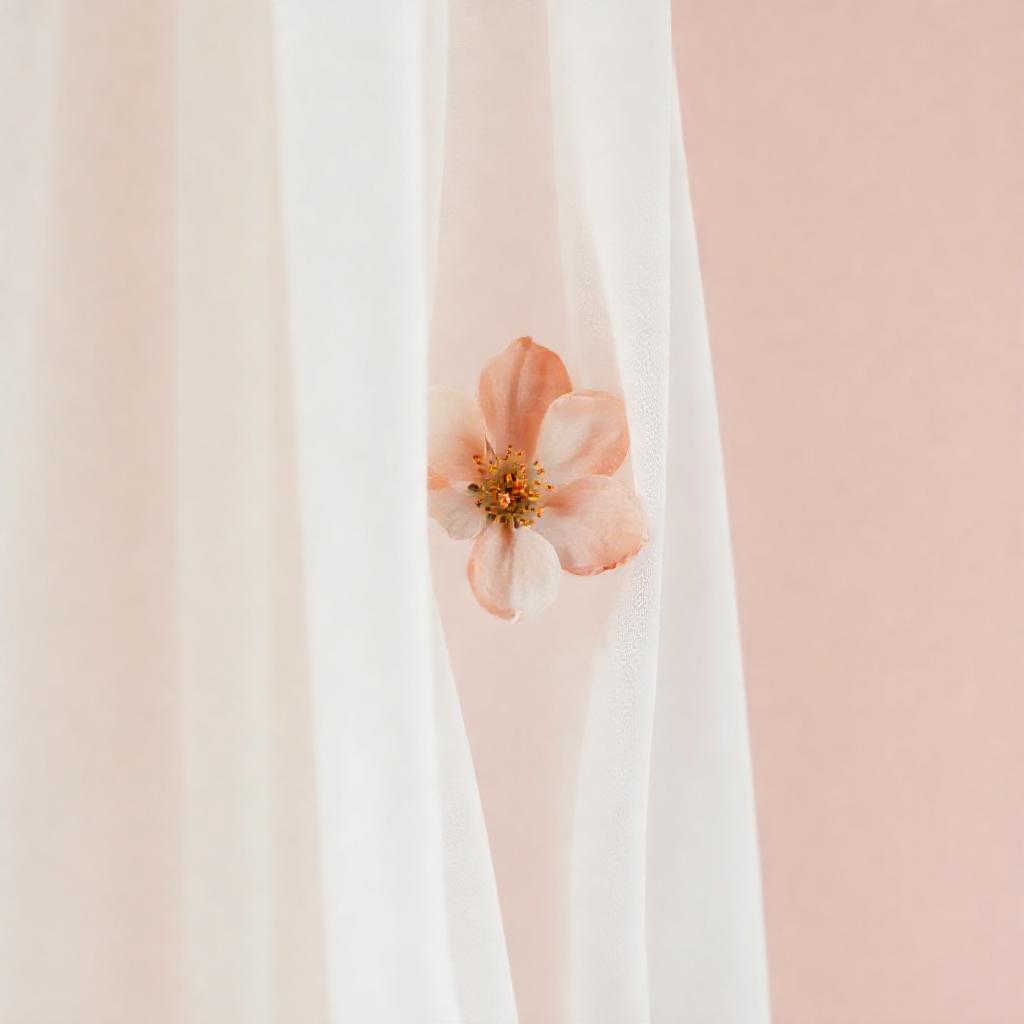 A single, delicate peach blossom, partially obscured by sheer, flowing white fabric. Soft, diffused ...
