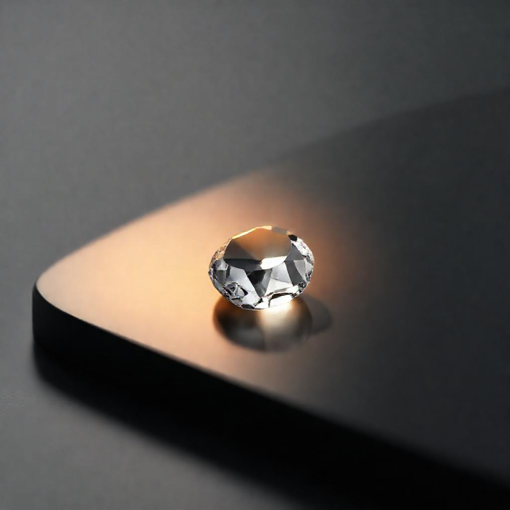 Minimalist composition: a single, faceted silver gemstone catching a subtle, warm light. The gemston...