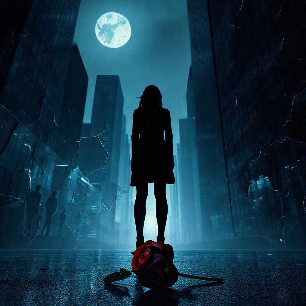 A solitary woman stands silhouetted against a fractured cityscape of glass and steel, bathed in cool...