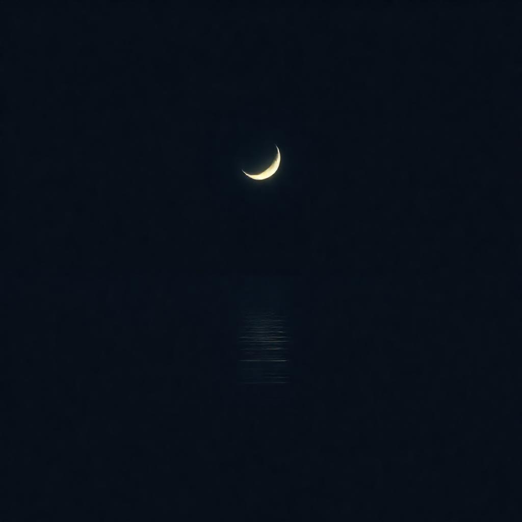 Minimalist composition: a luminous crescent moon reflected in a dark, calm ocean. Soft, diffused lig...