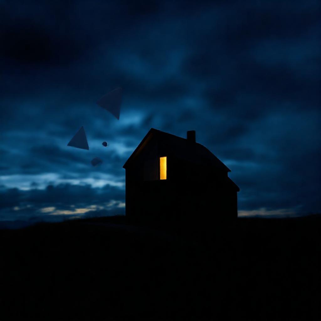 A solitary, modern house stands silhouetted against a stormy twilight sky. A single, warm light glow...