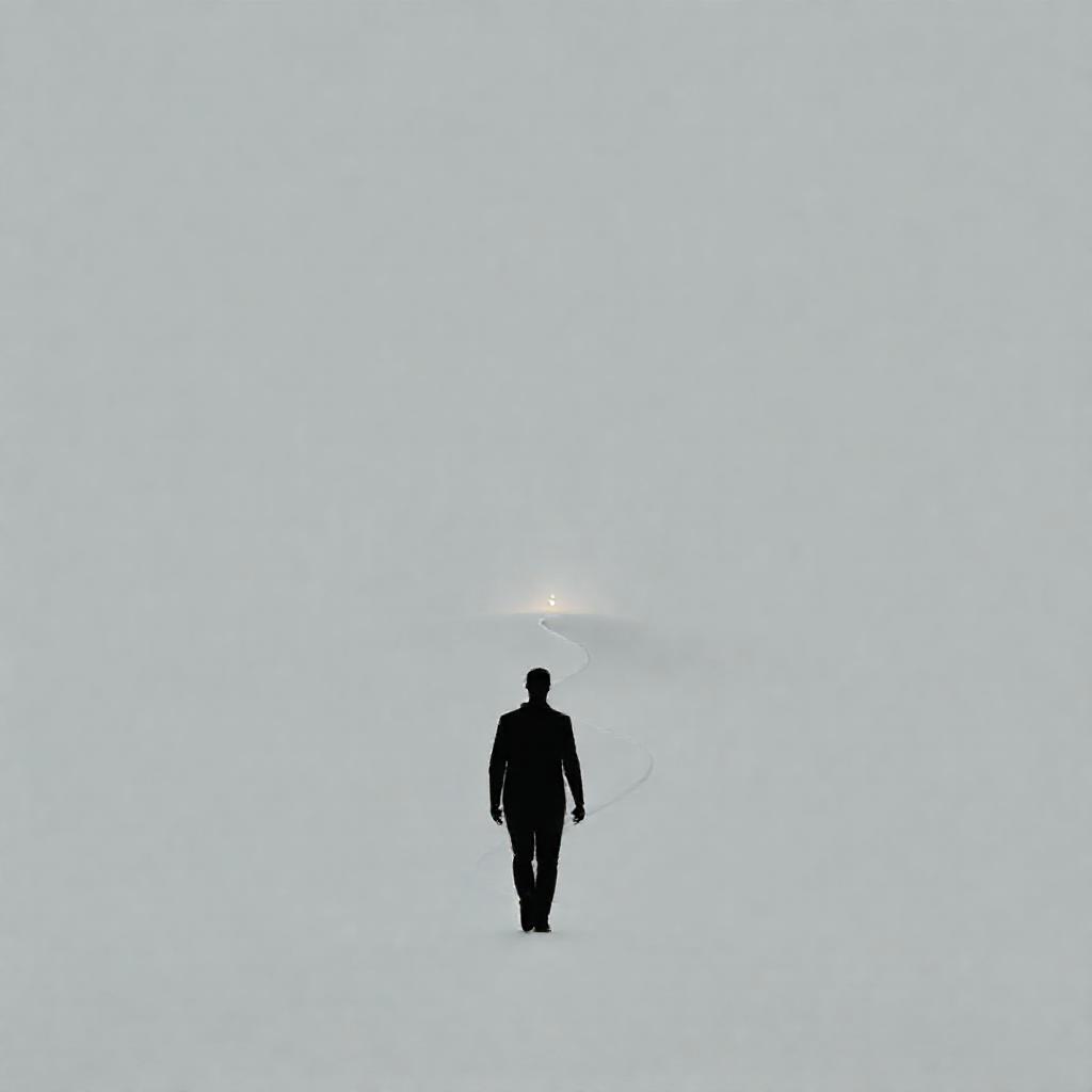 A solitary figure, silhouetted against a vast, pale grey minimalist landscape. The figure walks a na...