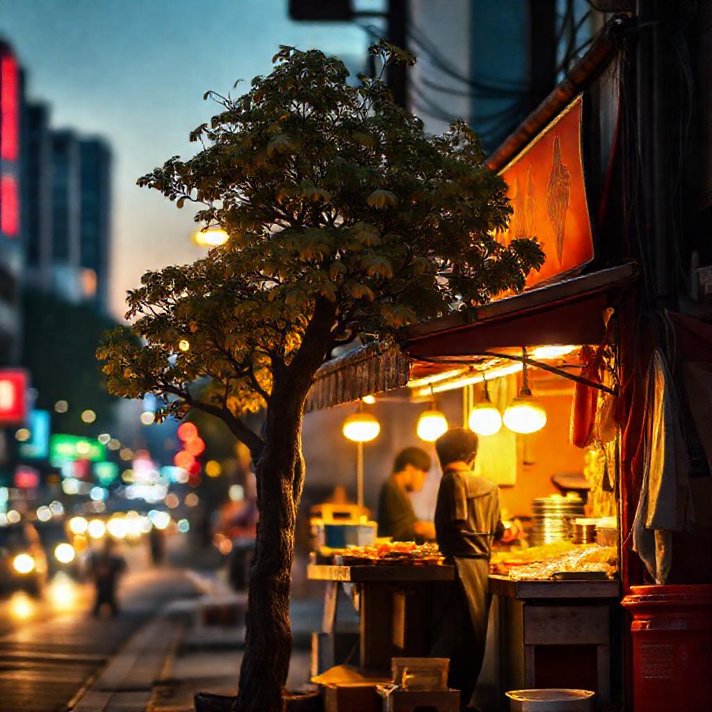 A weathered, vibrant street food vendor's stall, illuminated by warm, inviting light, stands resolut...