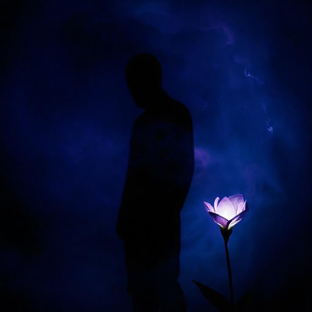 A figure, obscured in shadow and soft focus, stands amidst a swirling nebula of deep blues and purpl...