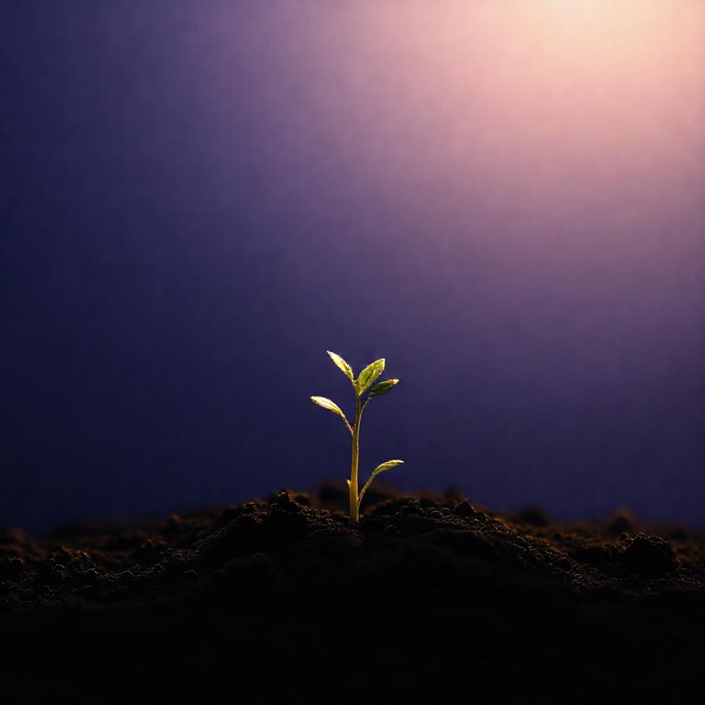 Minimalist composition: A single, delicate sprout emerging from dark, fertile soil. Soft, diffused g...
