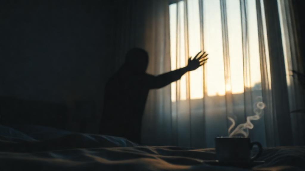 Serene, minimalist scene. Soft, diffused light illuminating a modern bedroom. A figure silhouetted a...