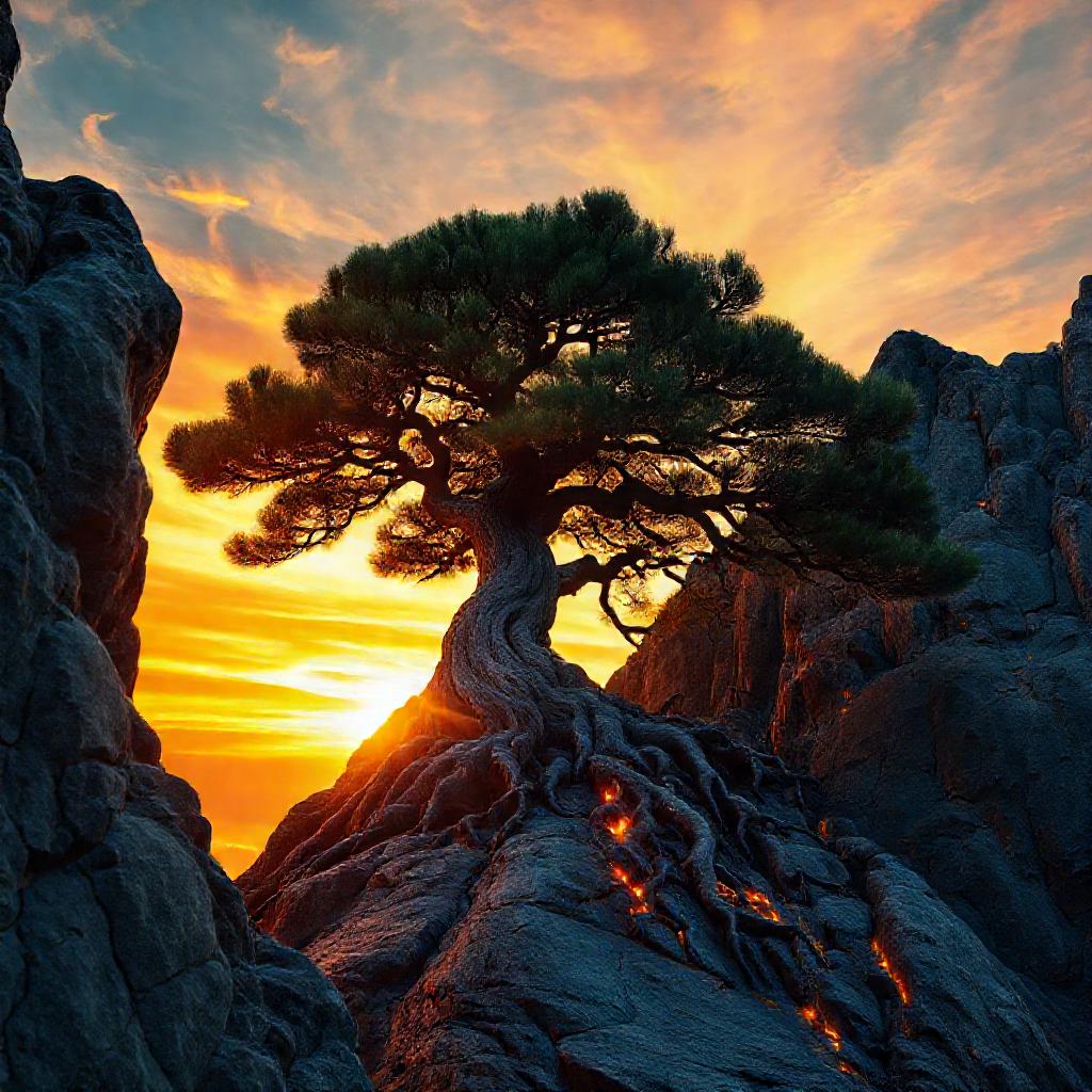 A resilient, ancient Korean pine tree, deeply rooted in granite cliffs during a vibrant sunset. The ...