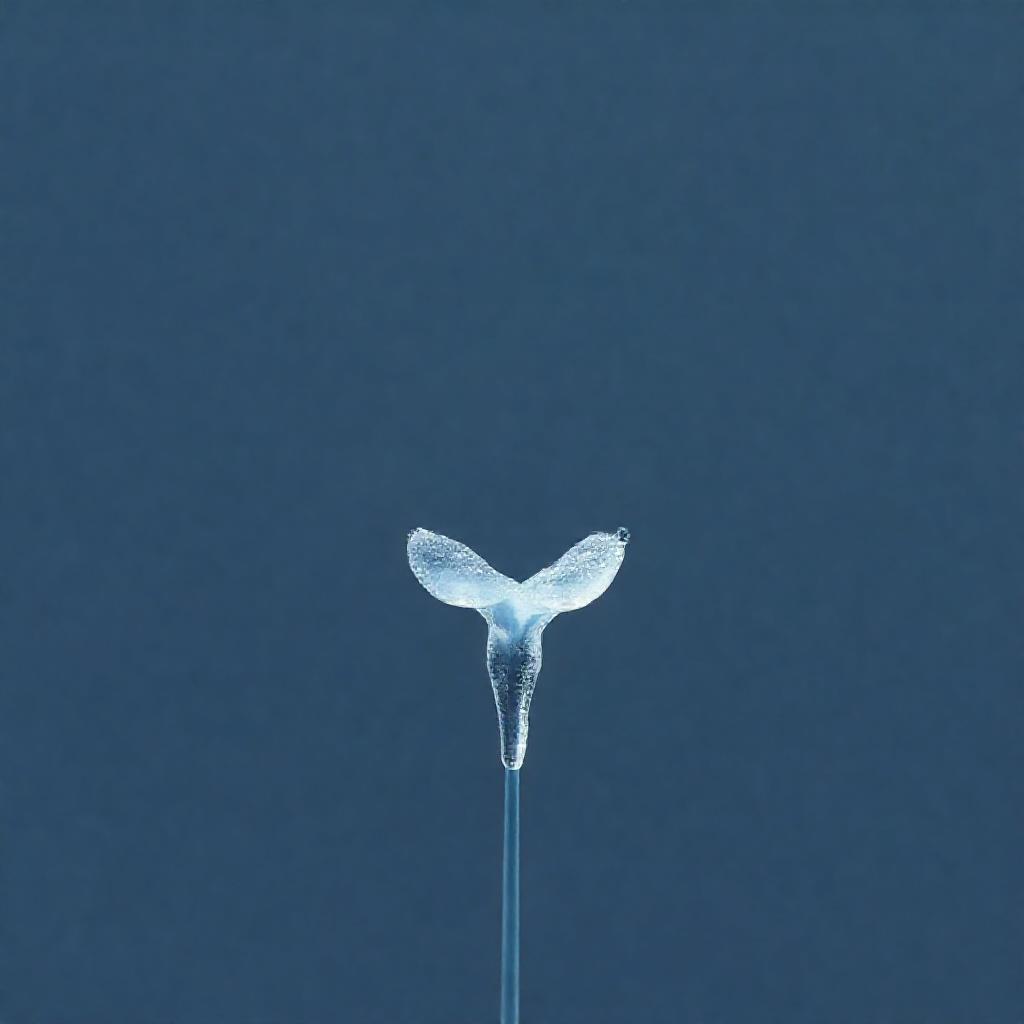 Minimalist composition: A single, stylized icicle forming the shape of a delicate flower. Pale blue ...