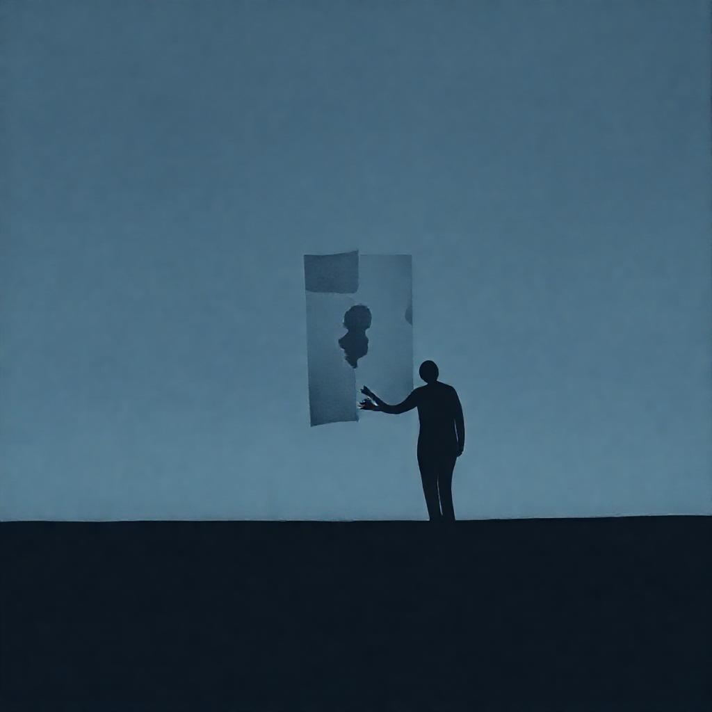 A solitary figure, silhouetted against a vast, muted grey and indigo landscape. The figure appears t...