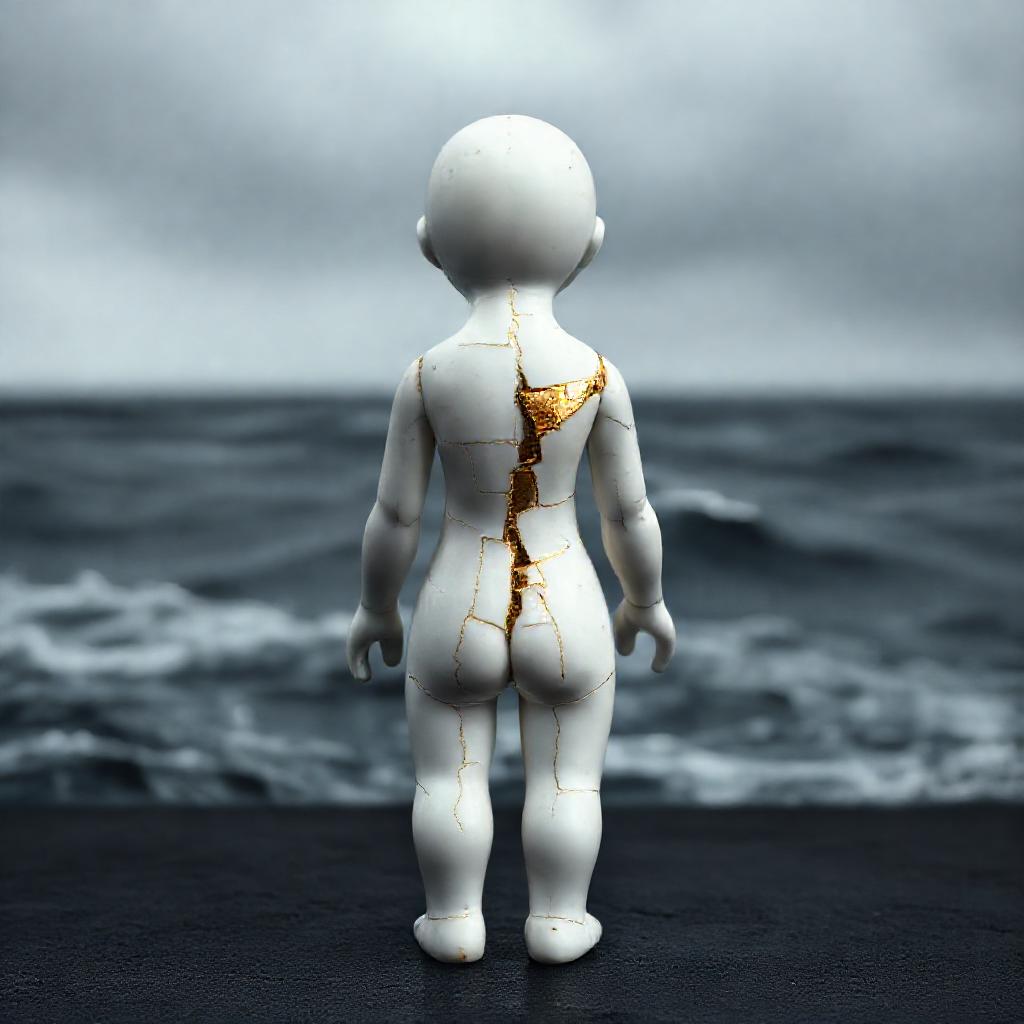 A cracked porcelain doll, partially repaired with gold kintsugi, stands facing away from a stormy, g...