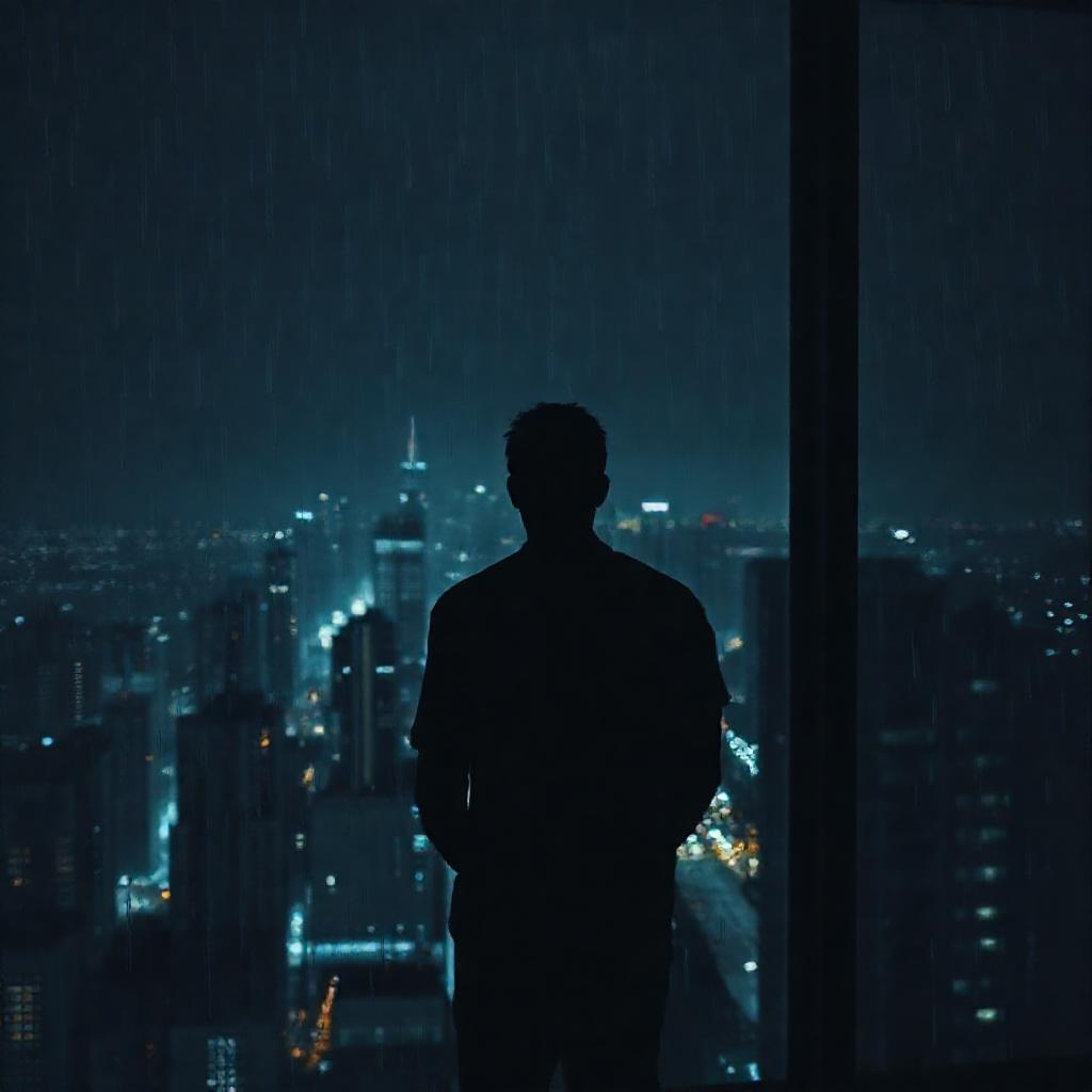 A lone figure silhouetted against a vast, muted indigo and grey cityscape at night. Rain streaks dow...