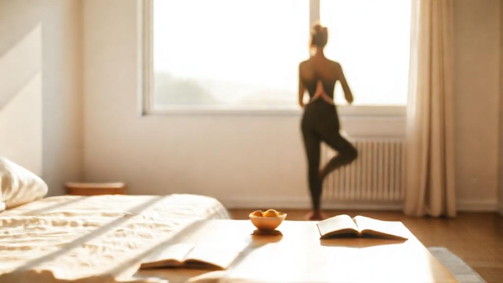 Soft, natural light illuminating a minimalist bedroom. A figure silhouetted in a gentle yoga pose ne...