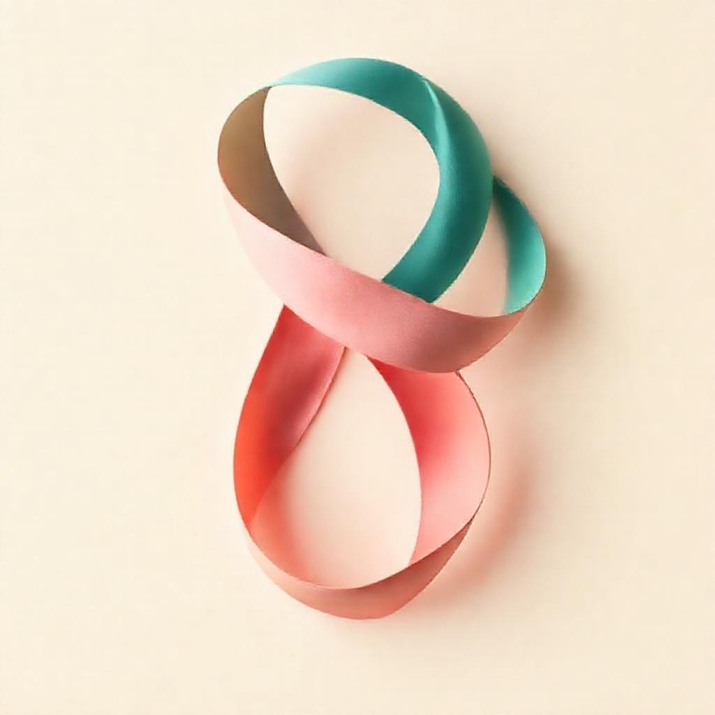 Minimalist composition: Two intertwined, subtly colored ribbons – one warm rose, one cool teal – gen...