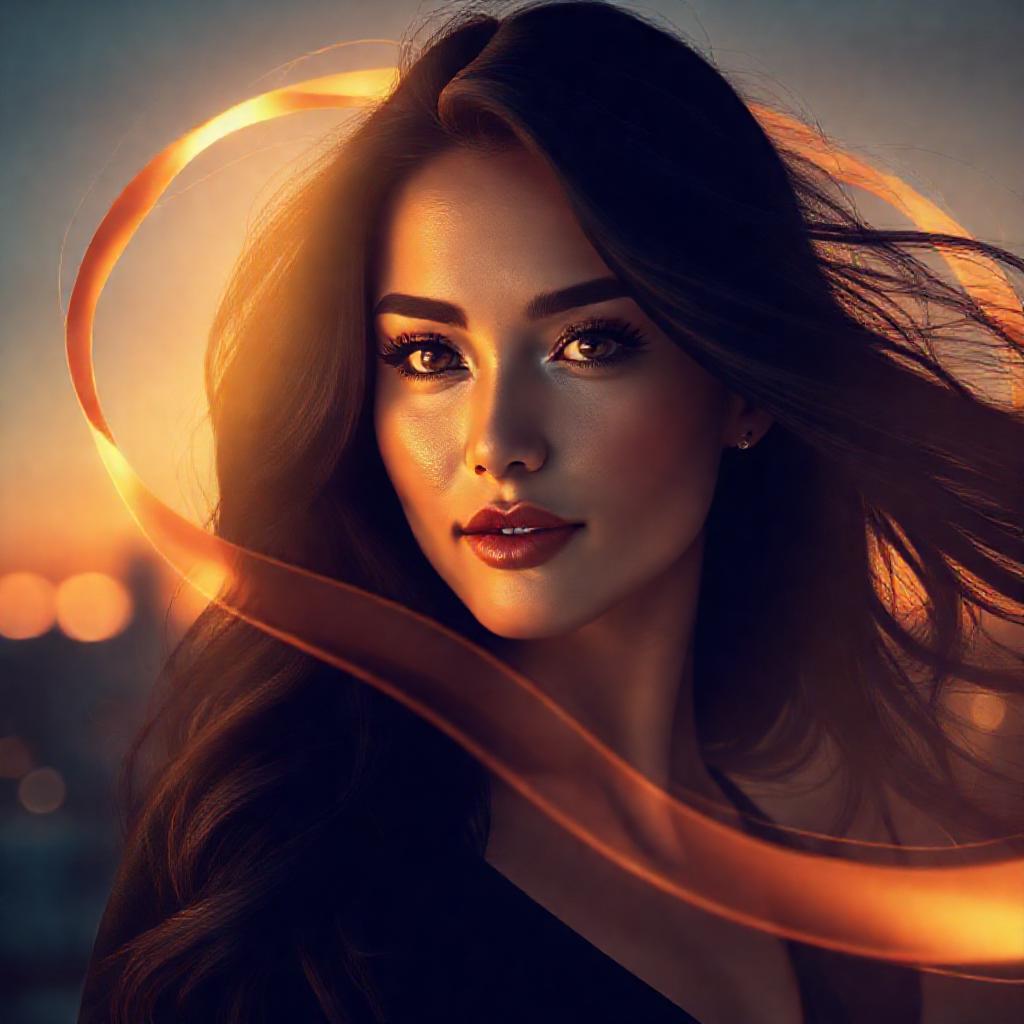 A woman with flowing, dark hair stands bathed in soft, diffused golden light, gazing forward with co...