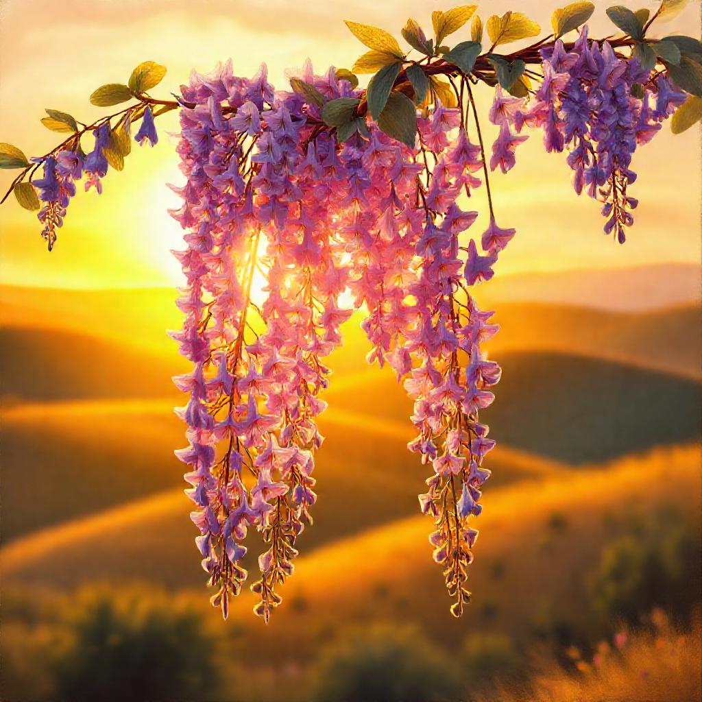 A blossoming wisteria vine, deeply rooted and thriving, reaching towards a golden sunset. Two intert...