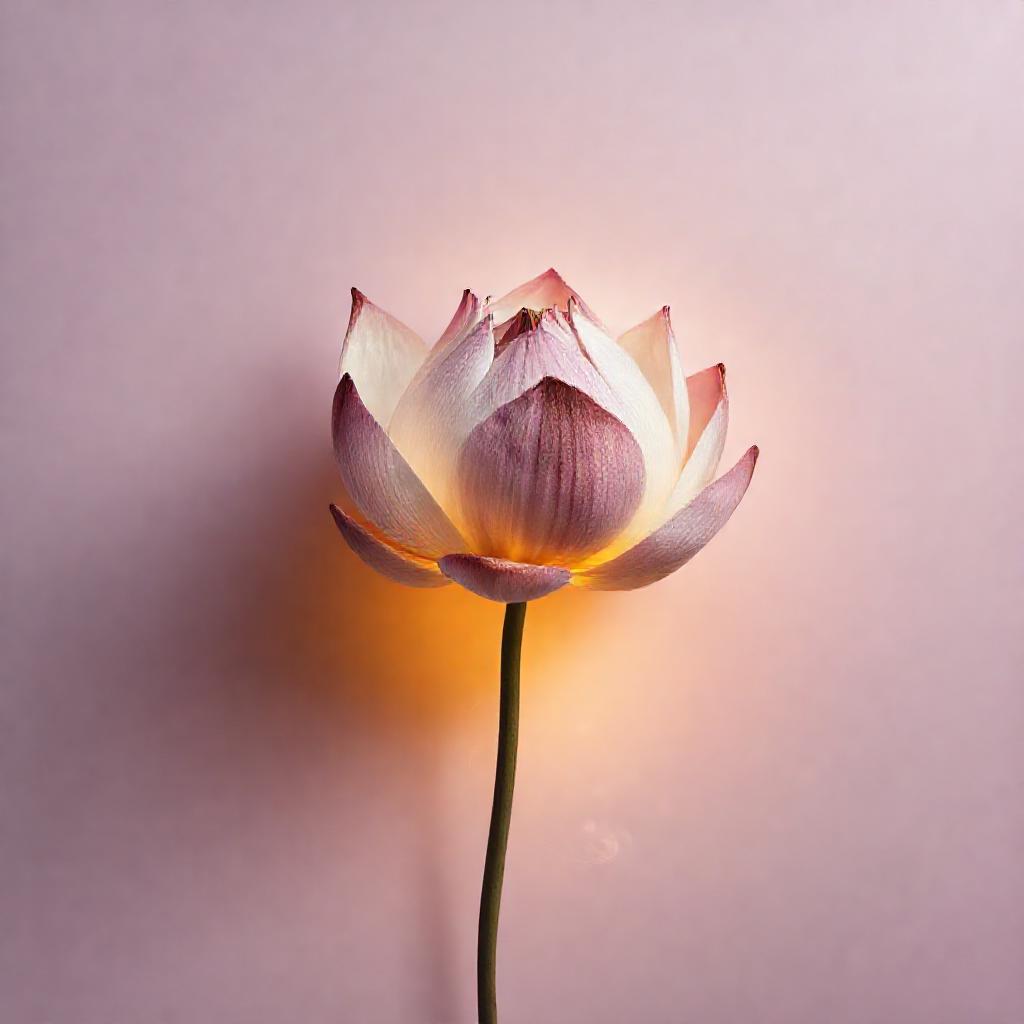 A delicate, abstract composition featuring a wilted lotus flower, its petals translucent and fading,...