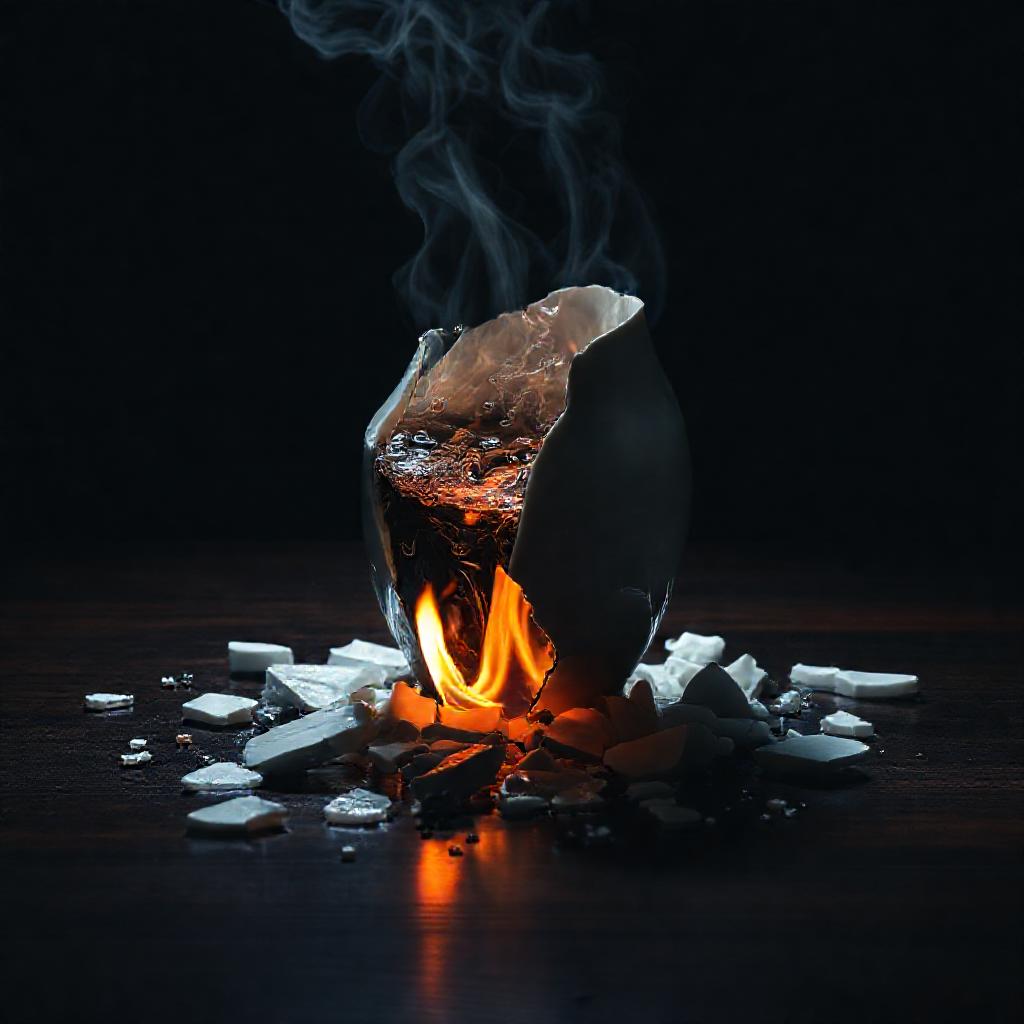A fractured porcelain vase, partially filled with turbulent, dark water and flickering flames. The v...