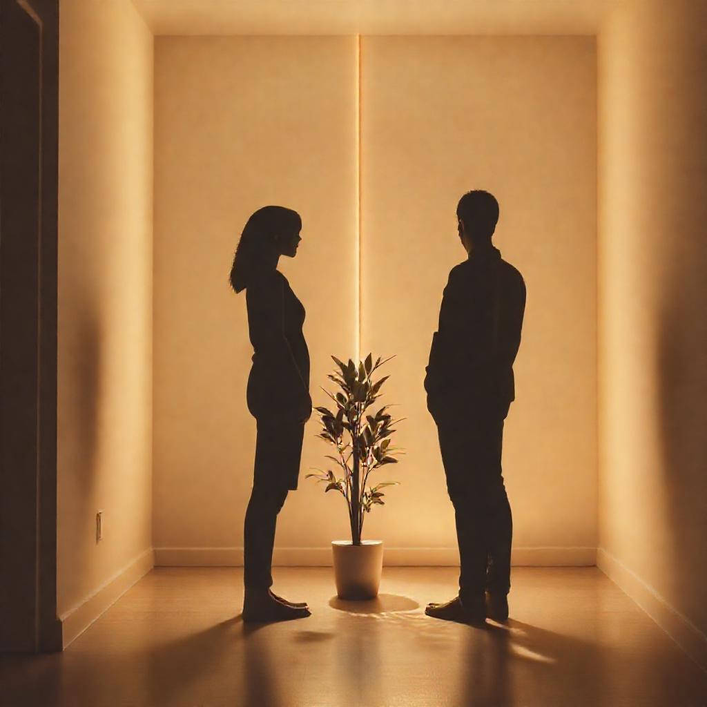 Two figures, silhouetted against a soft, diffused light, standing on opposite sides of a minimalist,...