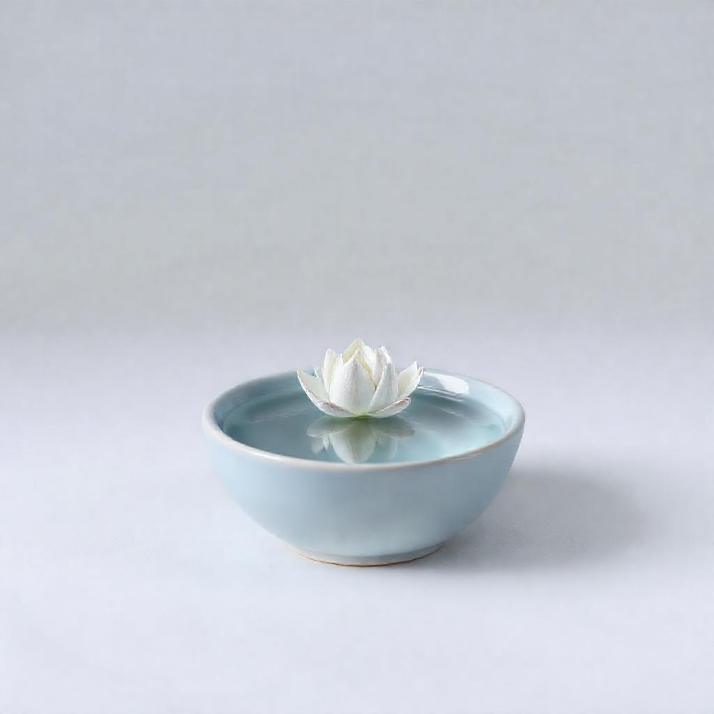 A single, small, pale blue ceramic basin filled with clear water. A single, tiny, white lotus flower...
