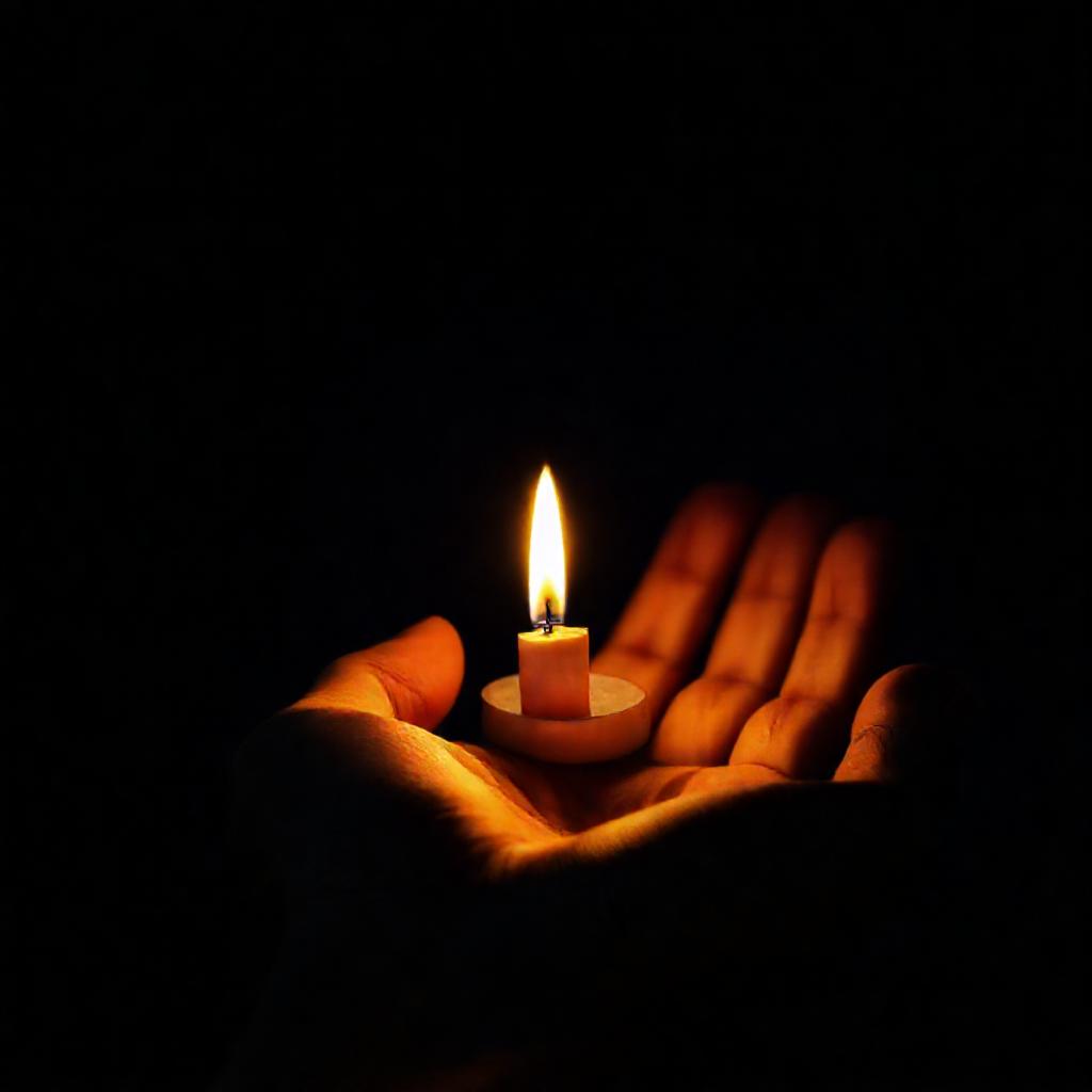 A single, small candle flame illuminating a cupped hand, minimalist style. Warm, golden light castin...