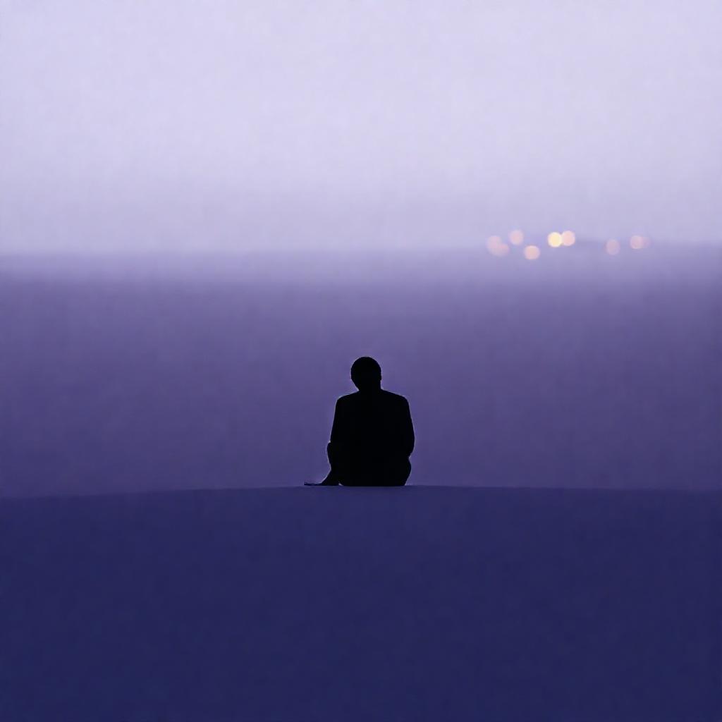 A solitary figure, silhouetted against a vast, muted lavender and grey landscape. The figure is seat...