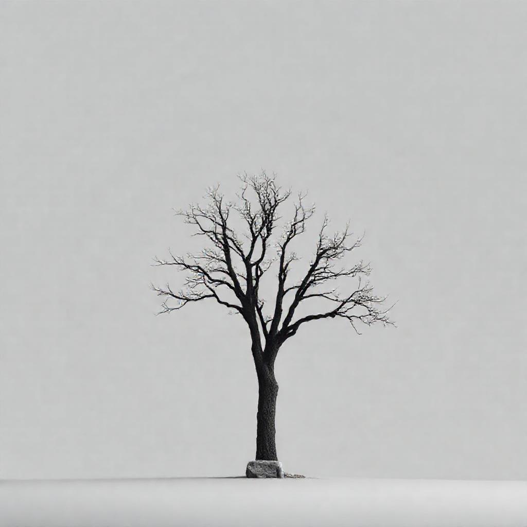 Minimalist composition: A single, sturdy oak tree silhouetted against a soft, muted grey sky. The tr...