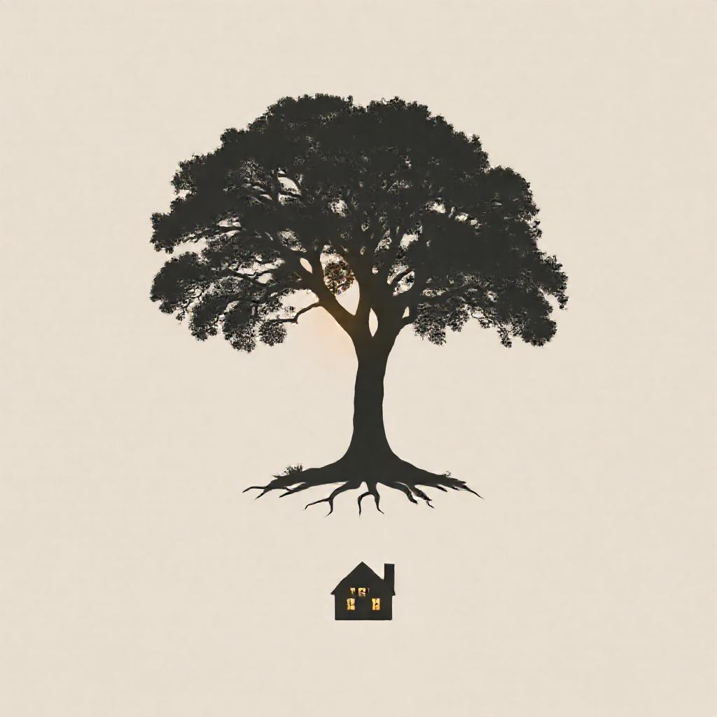 Minimalist composition: A single, strong oak tree silhouetted against a pale, muted sky. The tree's ...