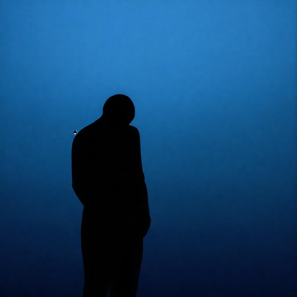 A solitary figure, back turned, silhouetted against a vast, muted blue expanse. The figure subtly cu...
