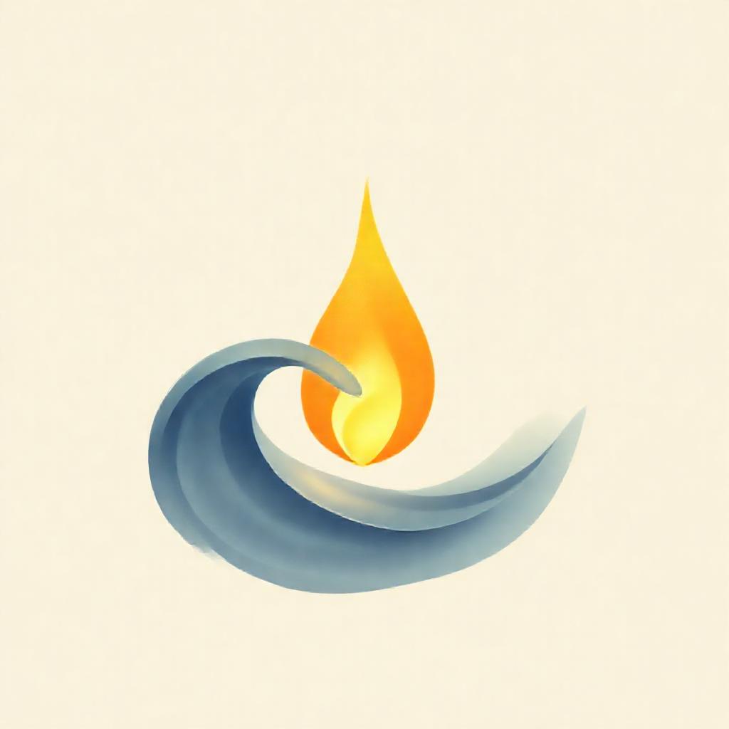 A single, stylized flame (丁火) gently embracing a flowing, translucent wave (壬水). Soft, diffused gold...