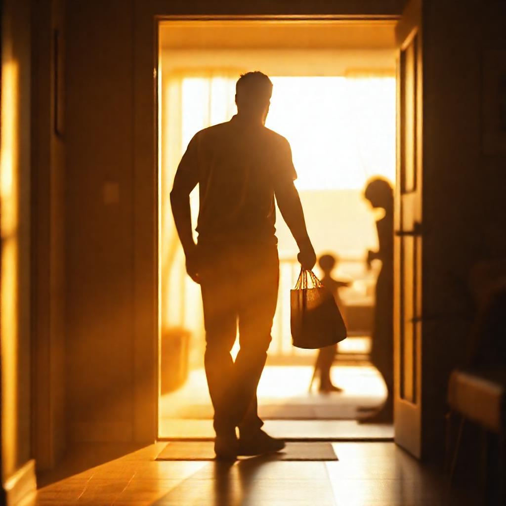 Warm, inviting interior scene. A man silhouetted against a soft, golden evening light entering a doo...