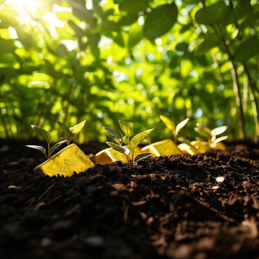 Golden ingots partially buried in rich, dark soil, sprouting delicate silver leaves. Sunlight filter...