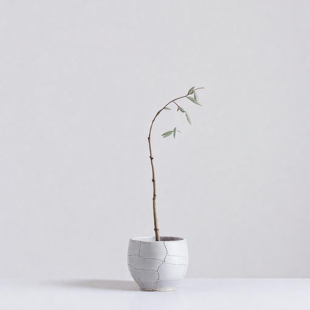 A single, solitary stem of a willow tree, bending slightly in a gentle breeze. Pale lavender and mut...