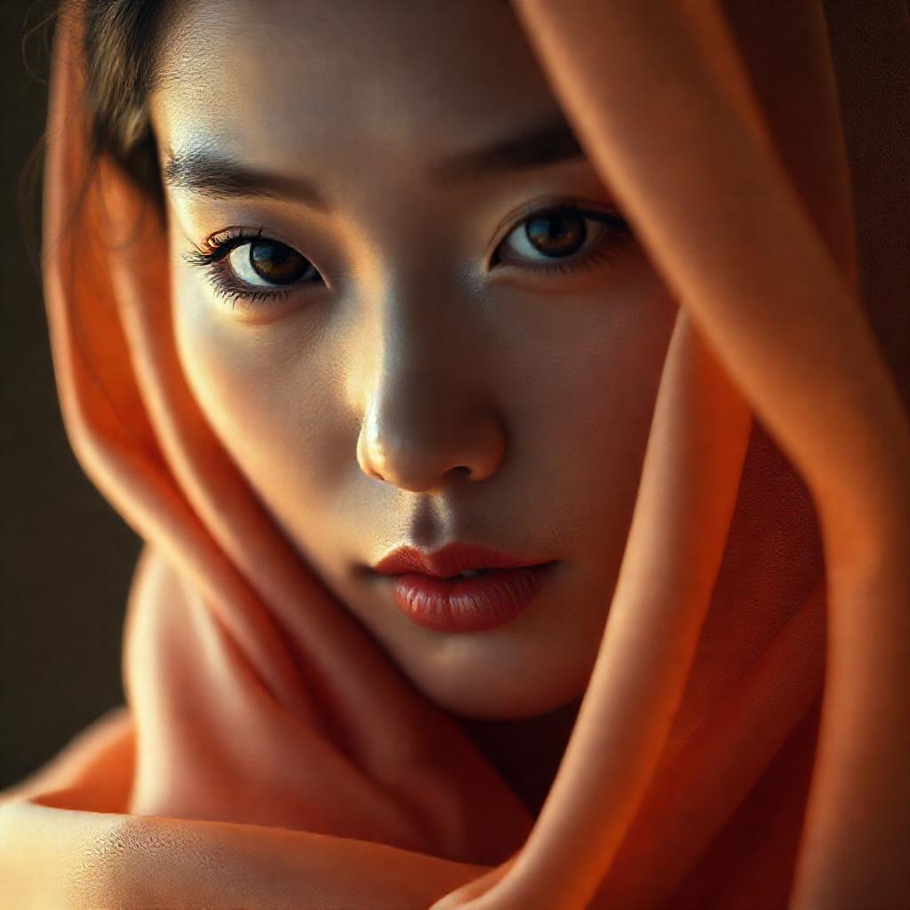 Close-up portrait of a woman with delicate East Asian features, soft focus, ambient lighting. She po...