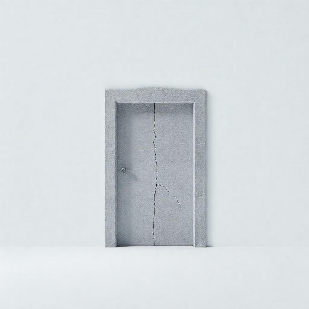A single, closed grey stone door, set into a vast, empty white space. Subtle, cool lighting emphasiz...