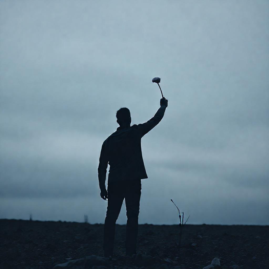 A solitary man, back to viewer, silhouetted against a muted, overcast sky. He's reaching towards a s...