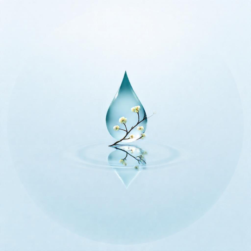A single, stylized water droplet (壬水 - Imsoo) reflecting a blossoming branch (木 - Mok) within a clea...