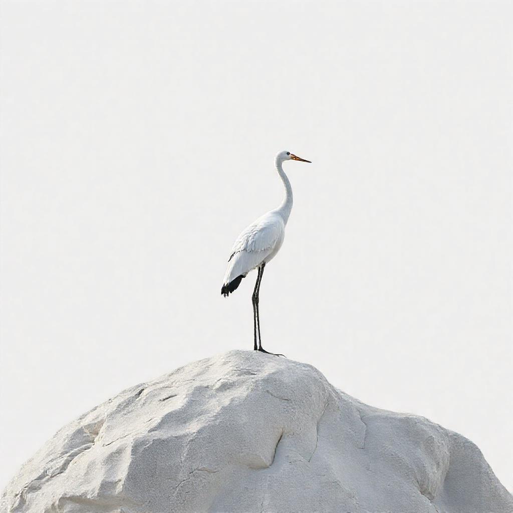 A solitary, stylized crane stands on a windswept, pale grey rock formation. Minimalist composition, ...
