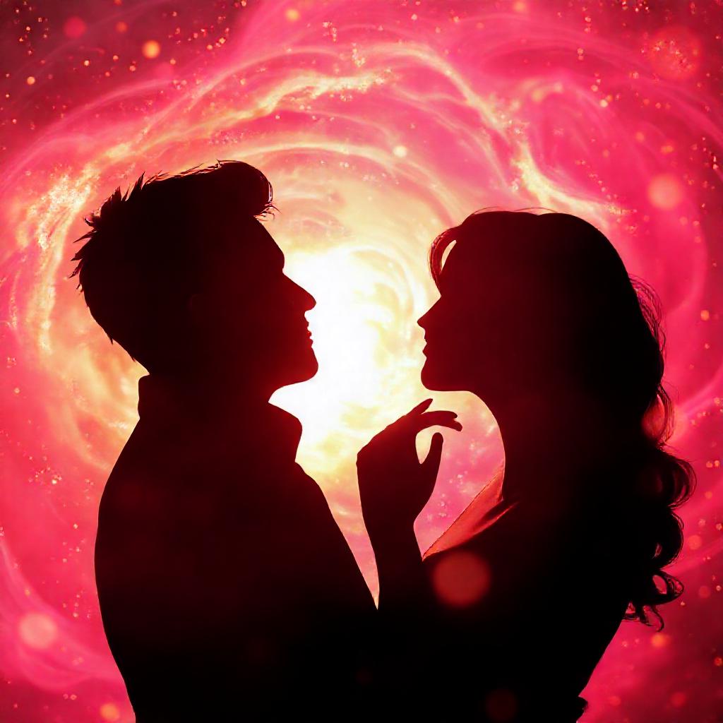 A couple silhouetted against a vibrant, swirling nebula of rose and gold hues, faces partially obscu...