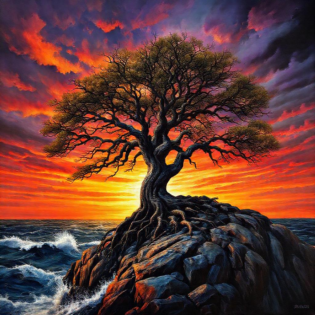 A lone, ancient oak tree, deeply rooted on a windswept, rocky cliff overlooking a turbulent sea. The...