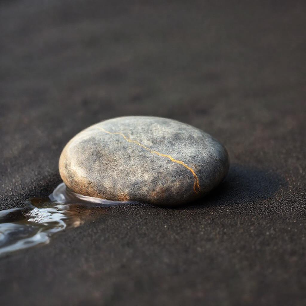 A solitary, smooth river stone, predominantly warm grey with a subtle golden vein running through it...