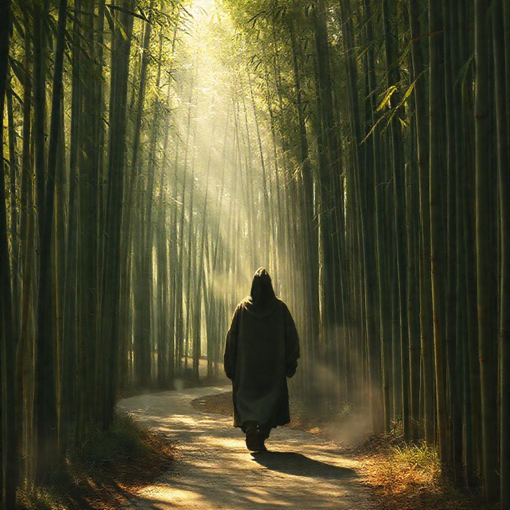 A solitary figure walking a winding path through a bamboo forest, bathed in soft, dappled sunlight. ...