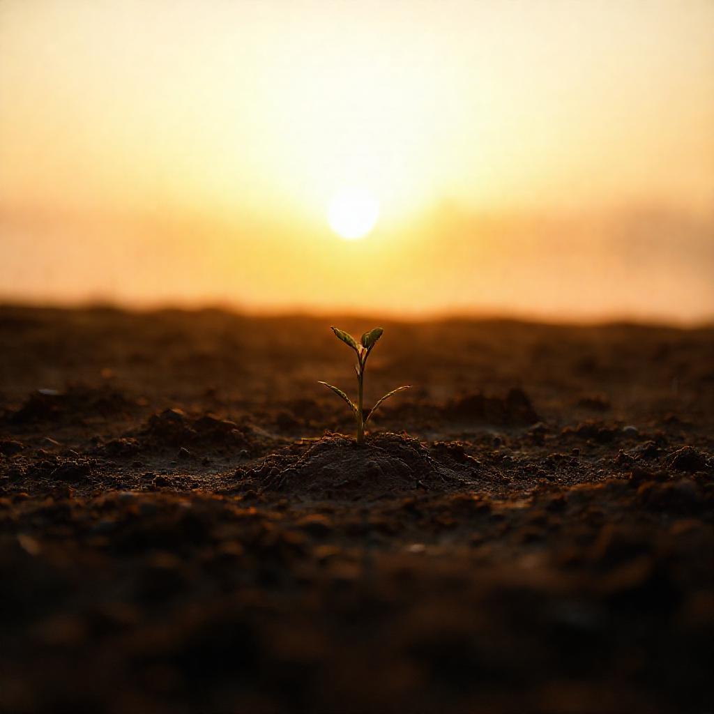 Minimalist depiction of sunrise over damp earth, soft golden light filtering through morning mist. F...
