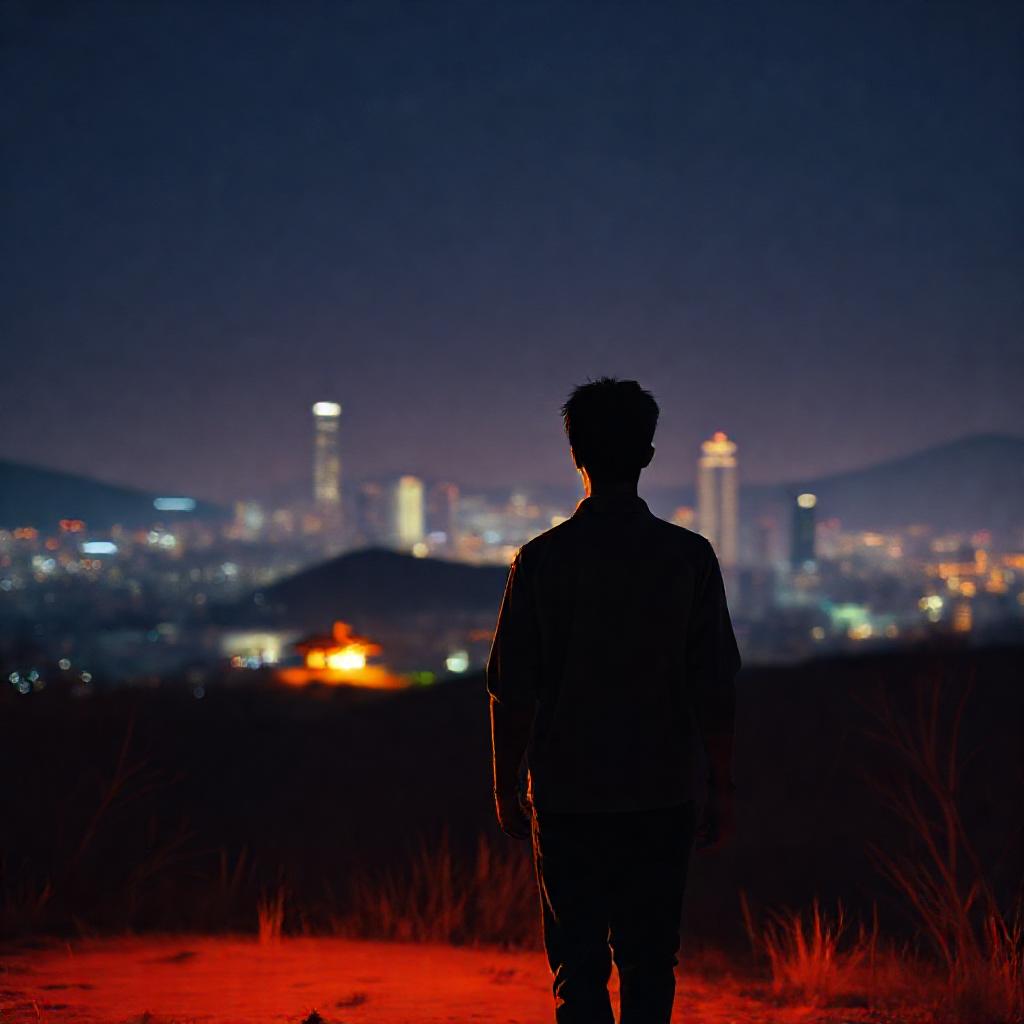 A solitary figure of a young man, back turned, walking away towards a glowing, distant cityscape rep...