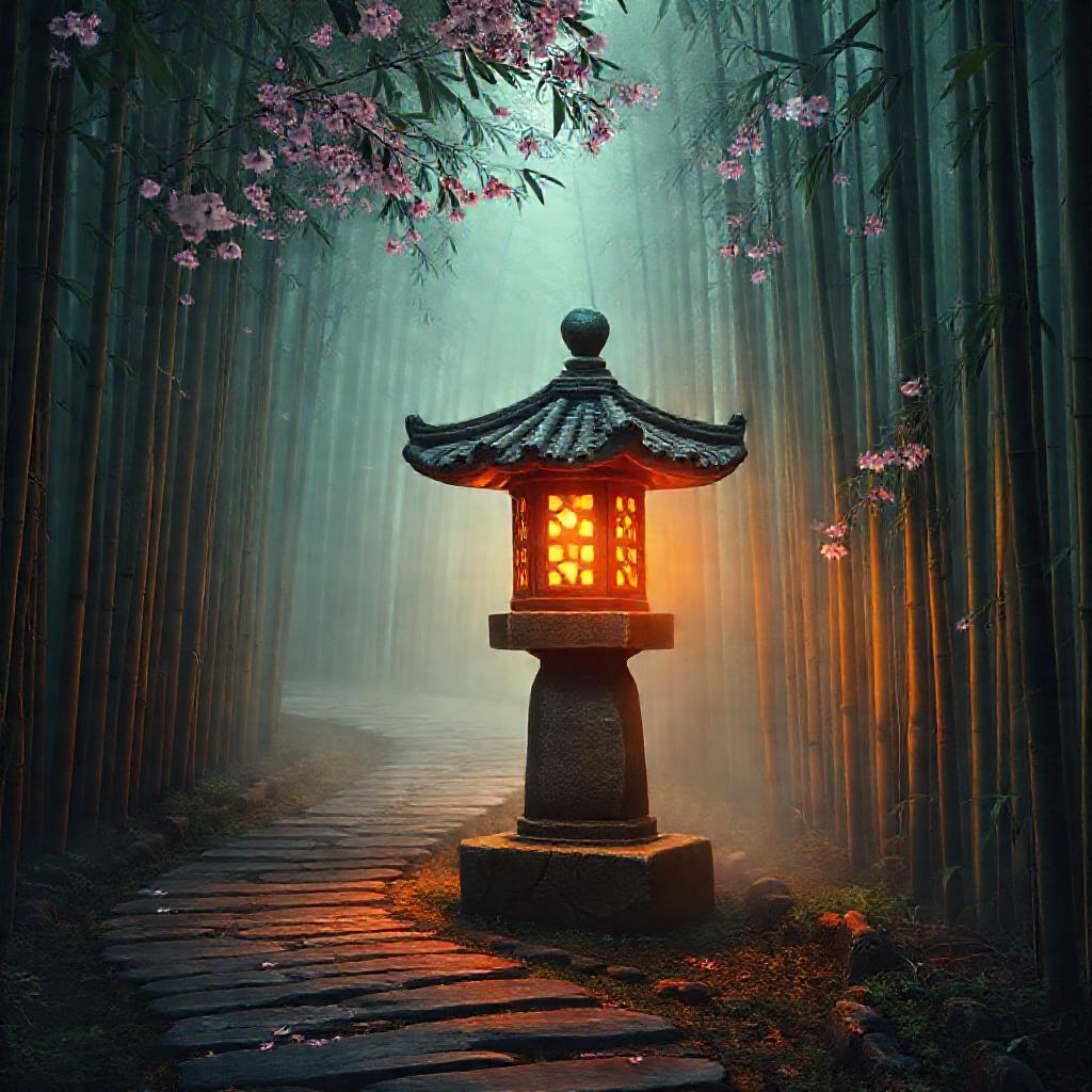 A solitary, ancient Korean stone lantern glowing warmly in a misty bamboo forest. Delicate cherry bl...